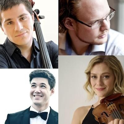 A four-panel grid featuring the members of the ensemble. Top left: Trace Johnson (cello) in a dark shirt. Top right: Michael Gurevich (violin) wearing glasses and a light blue shirt. Bottom left: Aurelien Pederzoli (viola) in a tuxedo and black bowtie. Bottom right: Emily Nebel (violin) holding her violin and smiling.